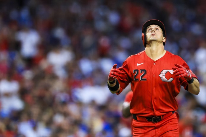 Reds outfielder JJ Bleday celebrates a home run against the Cubs during the 2026 MLB season.
