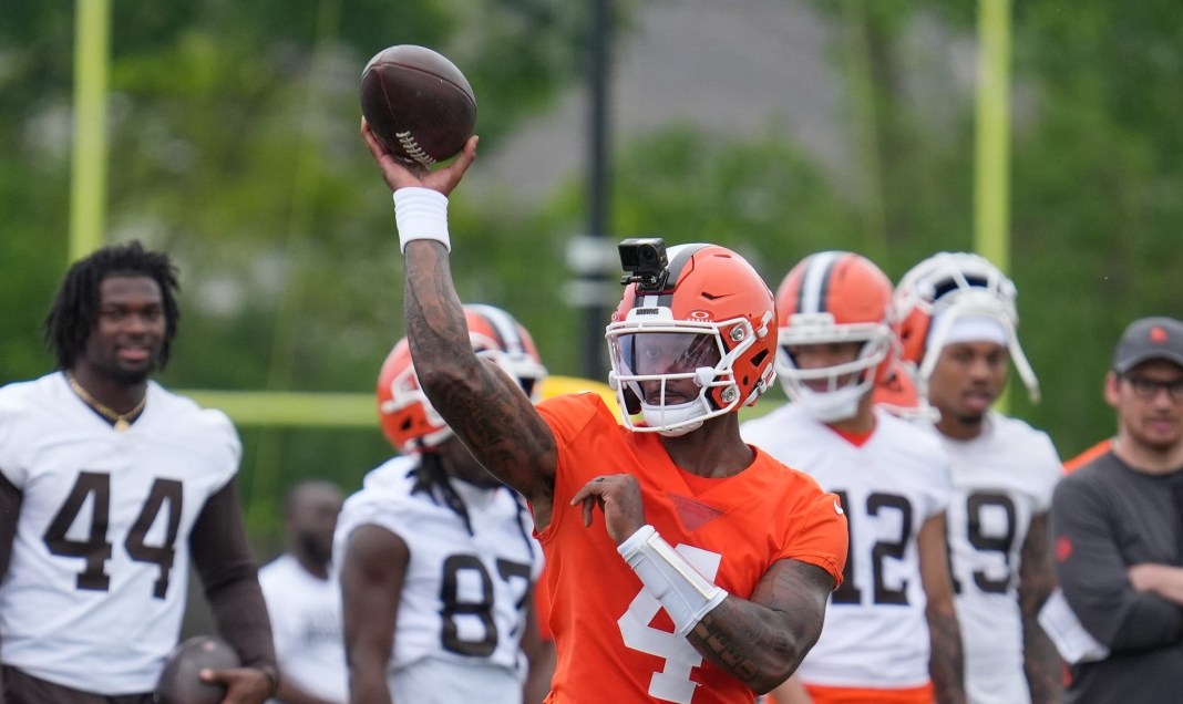 Deshaun Watson throws at the Browns OTA in Berea on May 27, 2026. Deshaun Watson