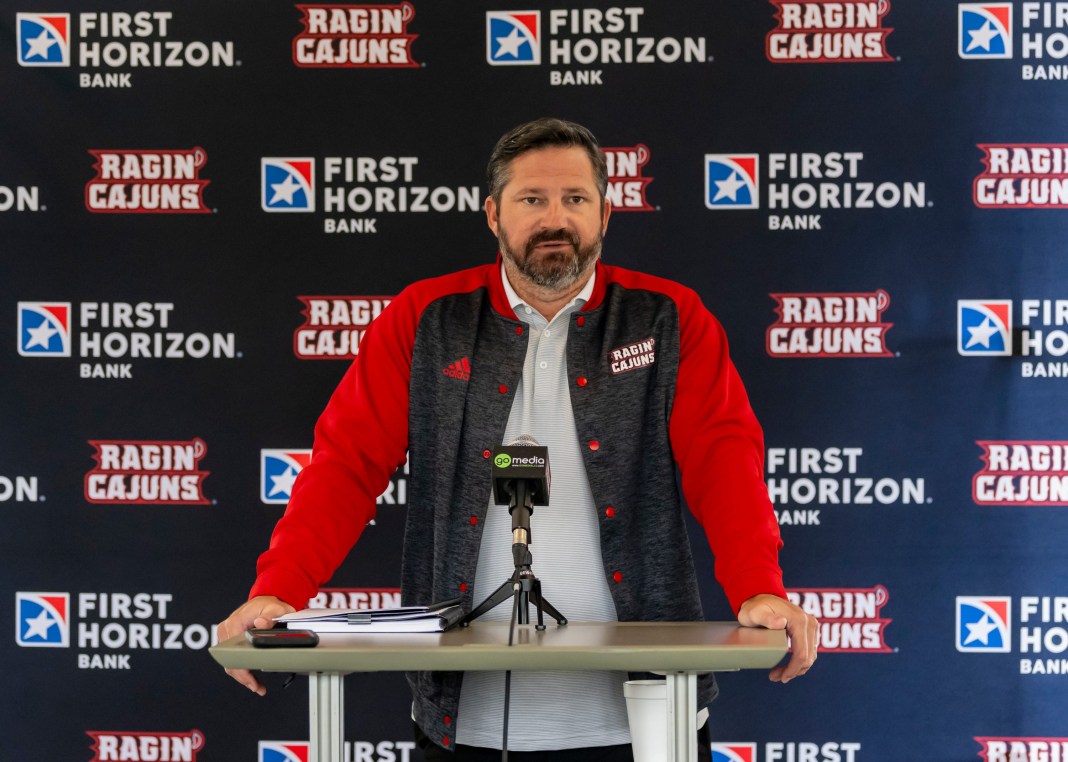 Cajuns Heads Coach Michael Desormeaux Louisianas Ragin Cajuns Football media day. August 4, 2026 sun belt team previews 2026 college football