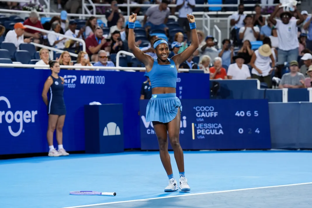 Tennis: Cincinnati Open Coco Gauff celebrates a win over Jessica Pegula in the 2026 Cincinnati Open final.
