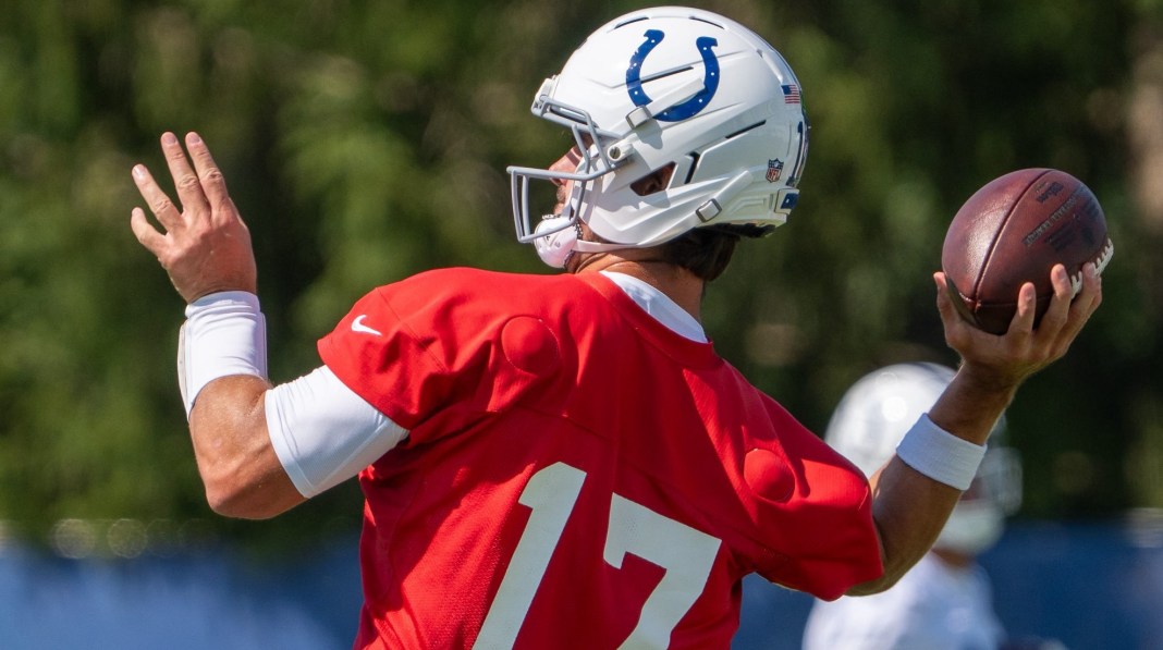 Indianapolis Colts quarterback Daniel Jones (17) delivers a pass Thursday, Aug. 27, 2026, during practice at Indiana Farm Bureau Colts quarterback Daniel Jones