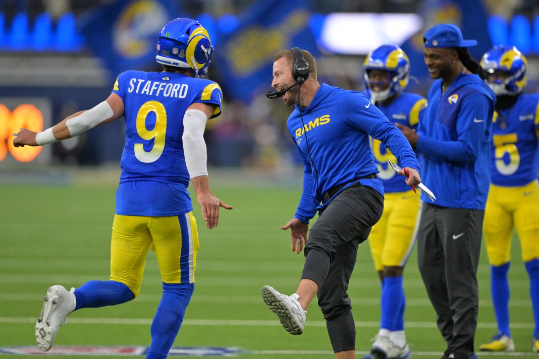 Rams quarterback Matthew Stafford celebrates with Sean McVay during the 2025 NFL season.