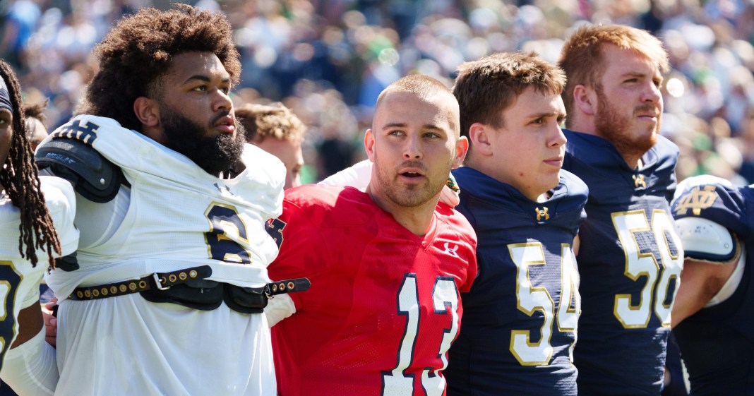 Notre Dame quarterback CJ Carr (13) after the Blue-Gold spring game at Notre Dame Stadium on Saturday, April 25, 2026, in South C.J. Carr of Notre Dame