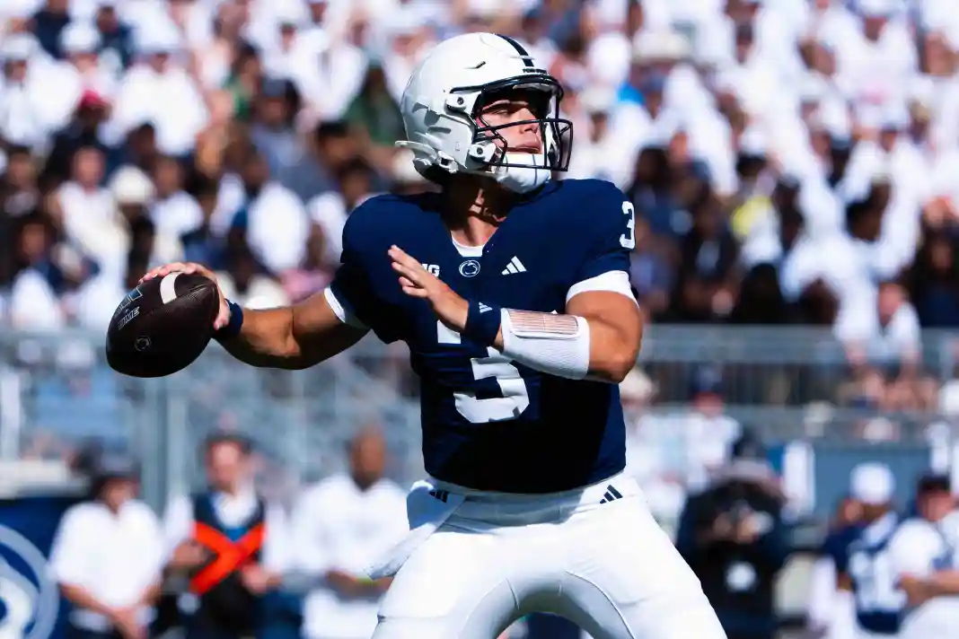 Penn State quarterback Rocco Becht looks to pass during an NCAA football game against Marshall at Beaver Stadium, Sept. 5, 2026, Rocco Becht, Penn State, college football