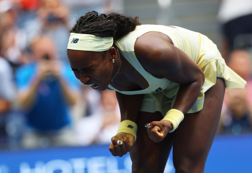 Coco Gauff celebrates a win over Mirra Andreeva at the 2026 US Open.