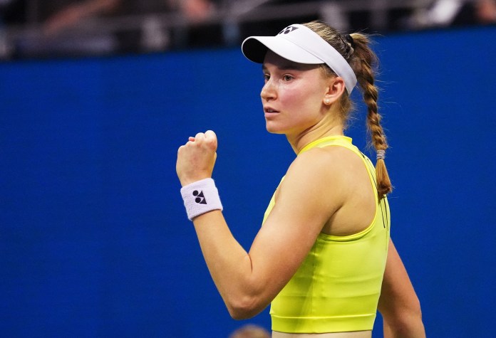 Elena Rybakina celebrates a point won against Coco Gauff at the 2026 US Open.