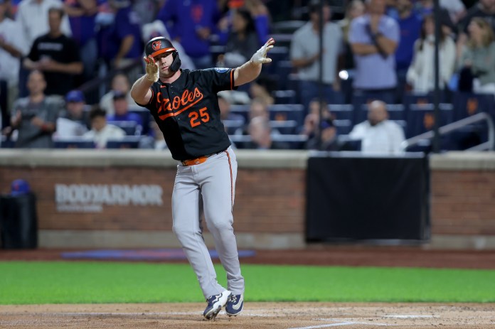 Orioles player Pete Alonso reacts to a walk against the Mets in the 2026 MLB season.