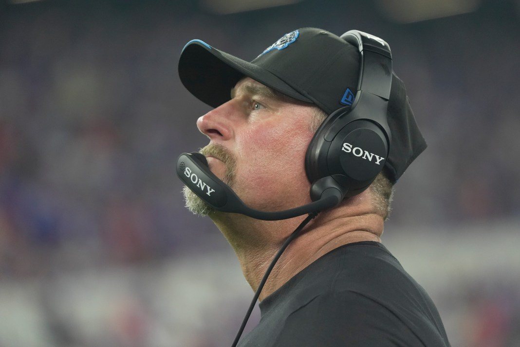 Detroit Lions head coach Dan Campbell watches his team try and defend against the Bills as they get closer to the end zone Dan Campbell