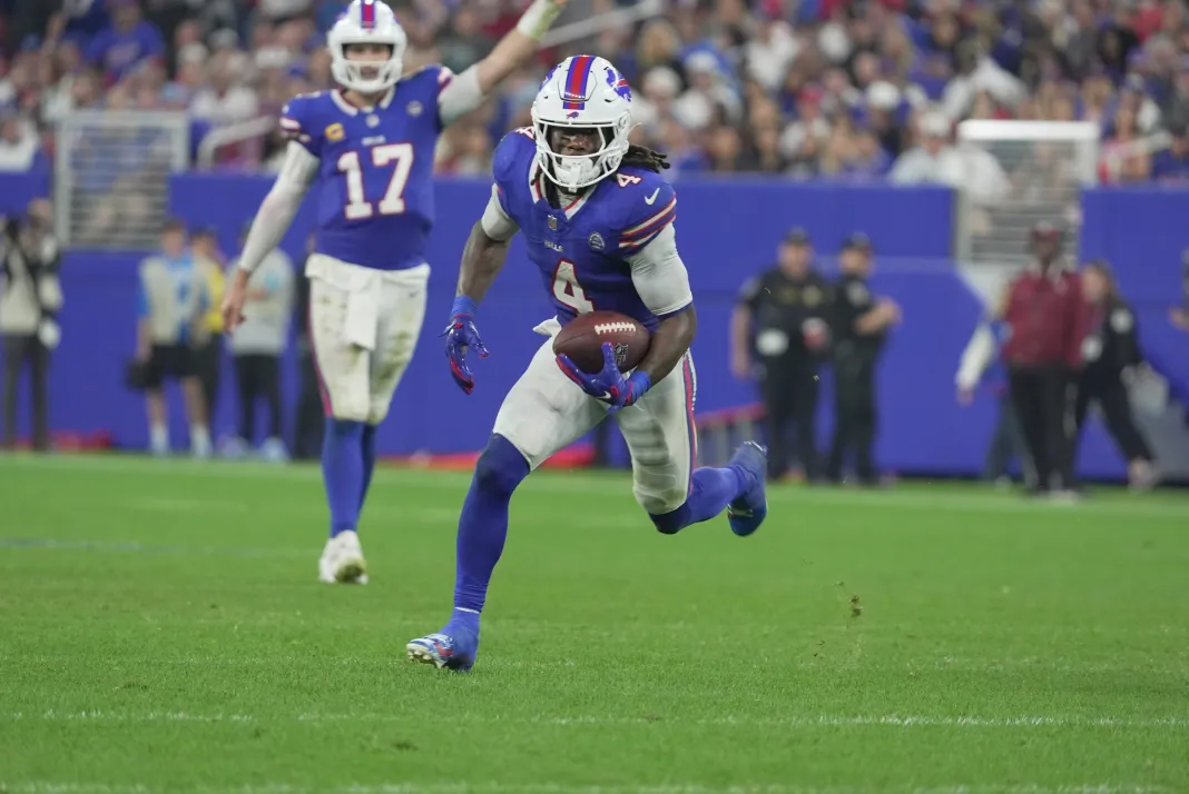 Buffalo Bills running back James Cook has a large space to run and almost makes it to the end zone before getting tackled during Buffalo Bills running back James Cook