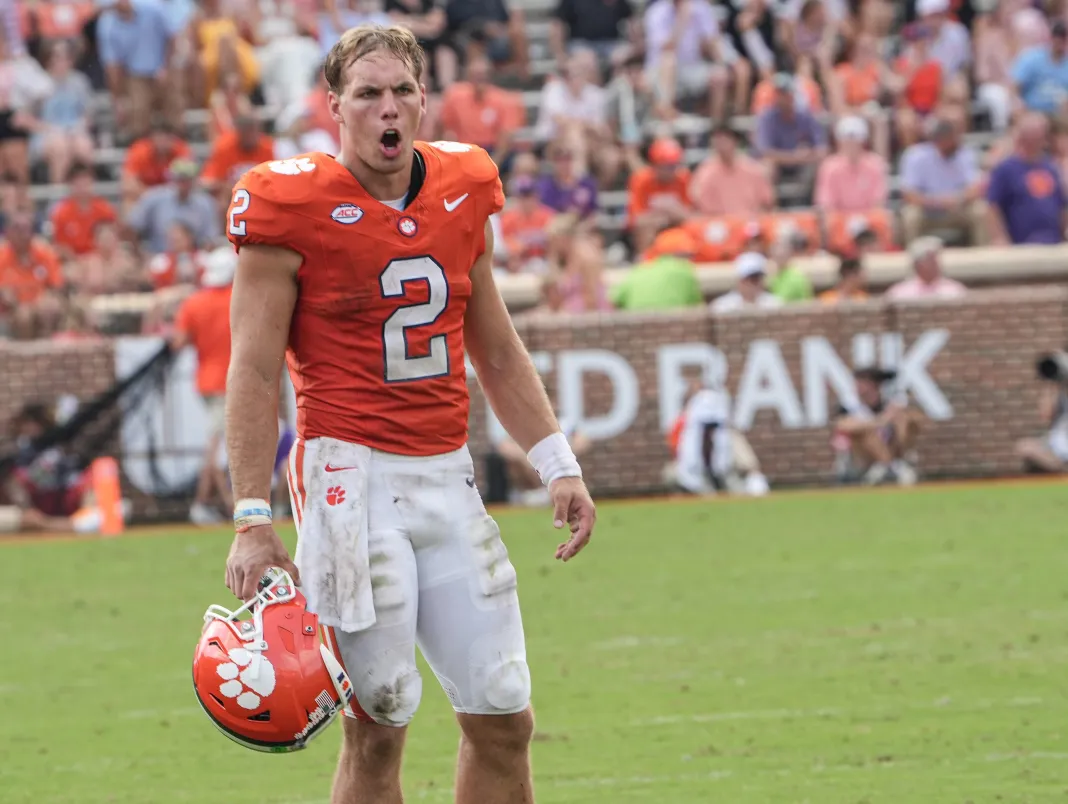 Clemson quarterback Tait Reynolds (2) communicates as teams and officials leave the field with 8:11 left during the fourth clemson vs. cal week 4 prediction picks