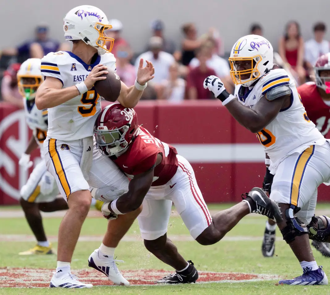 Sep 5, 2026; Tuscaloosa, AL, USA; Alabama linebacker Abduall Sanders Jr. (35) hits East Carolina quarterback Emory Williams east carolina vs. uab thursday week 7 college football picks predictions previews
