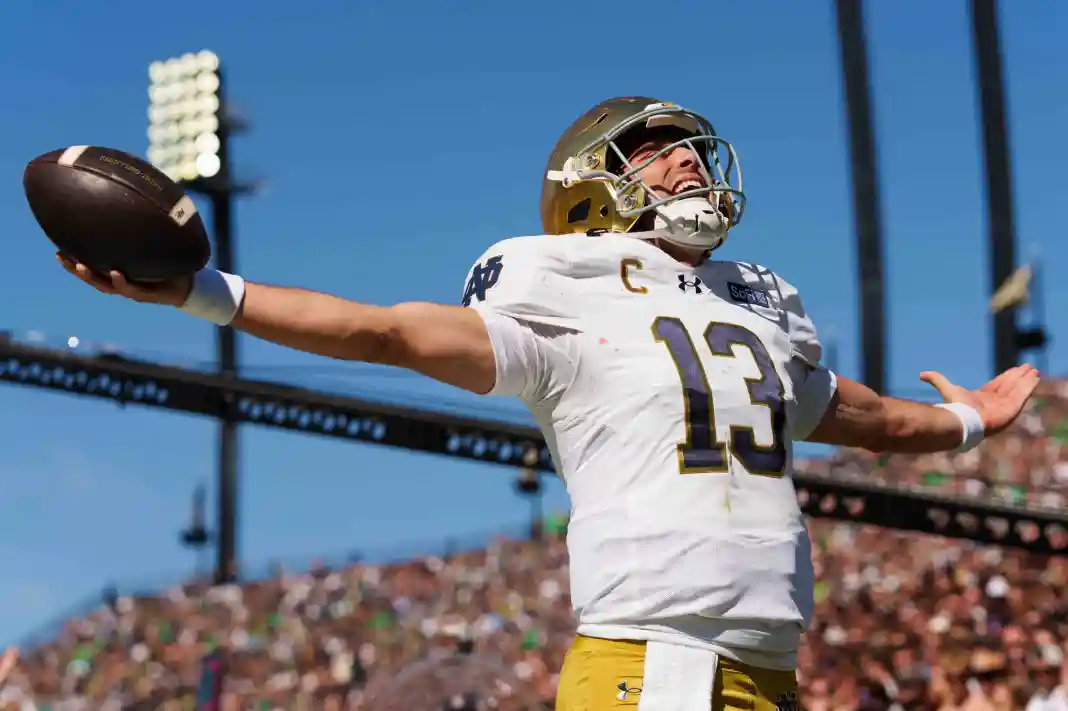 Notre Dame quarterback CJ Carr celebrates after scoring a touchdown during a NCAA football game against Purdue at Ross-Ade CJ Carr, Notre Dame, college football