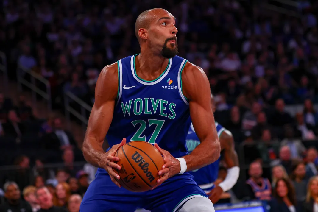 NBA: Preseason-Minnesota Timberwolves at New York Knicks Timberwolves center Rudy Gobert looks to score against the Knicks in 2026-27.