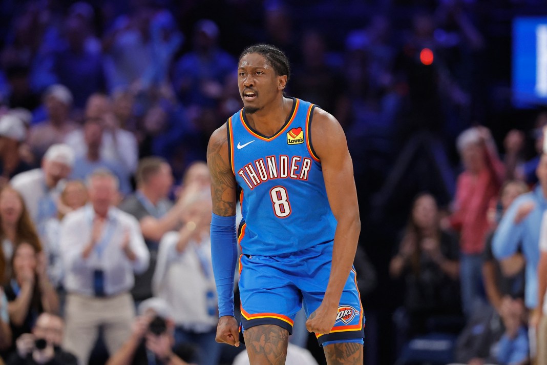 Thunder star Jalen Williams celebrates a play against the Nuggets at the 2026-27 season.