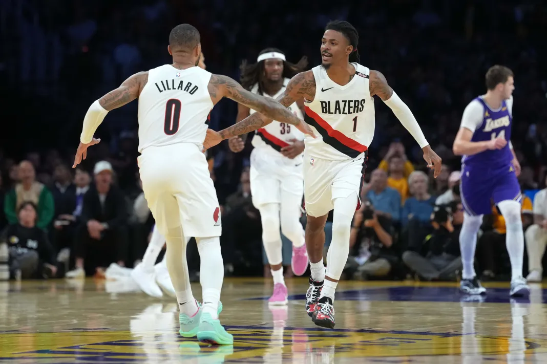 NBA: Portland Trail Blazers at Los Angeles Lakers Blazers guards Damian Lillard and Ja Morant celebrate against the Lakers during the 2026-27 season.
