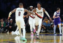 NBA Predictions Today (October 29): Best Bets on Sides & Totals Blazers guards Damian Lillard and Ja Morant celebrate against the Lakers during the 2026-27 season.